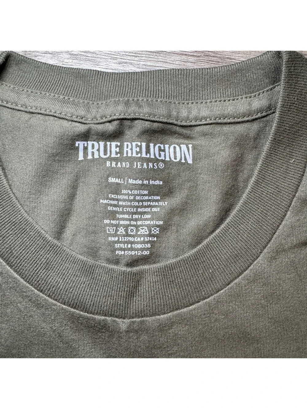 True Religion Mens T-Shirt S Premium Tee Short Sleeve Chest Graphic Olive Green